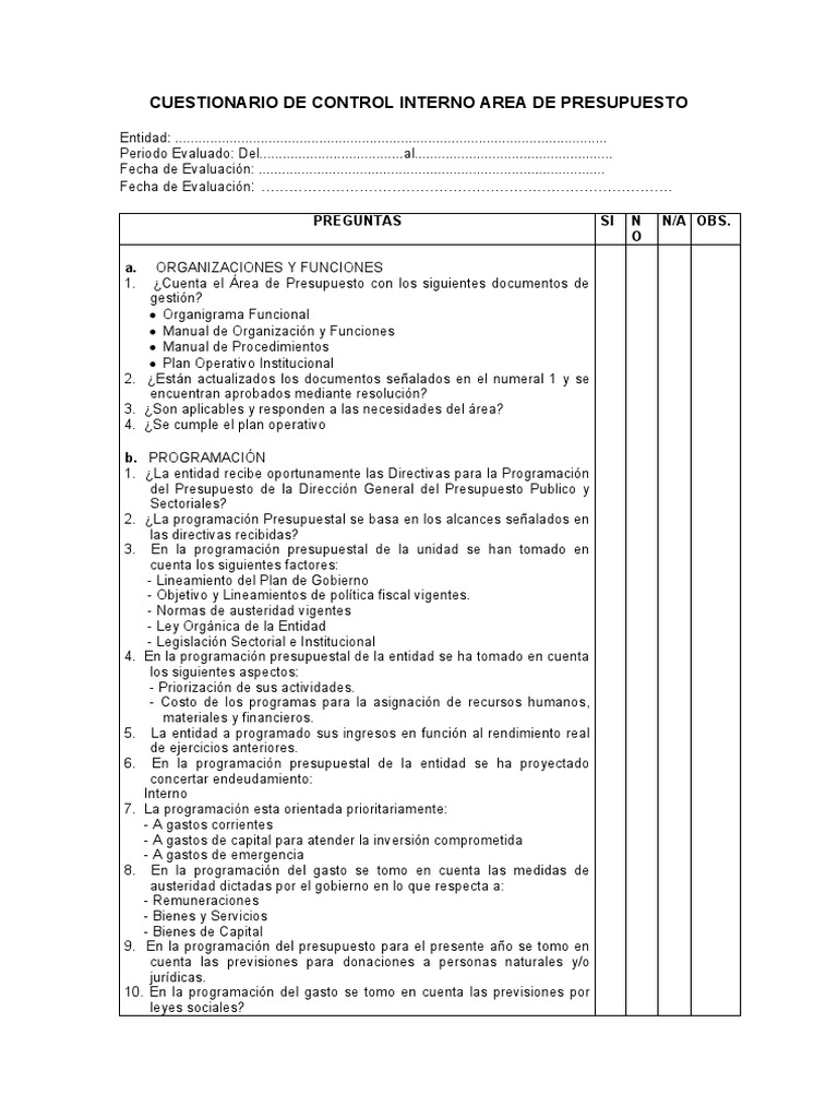 Cuestionario de Control Interno Presupuestal | PDF | Presupuesto del ...