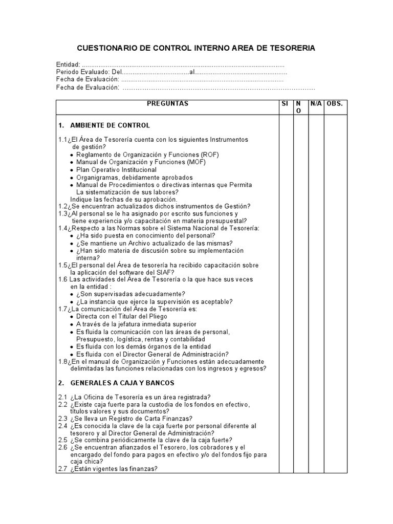 Cuestionario de Control Interno en Tesorería | PDF | Cheque | Pagos