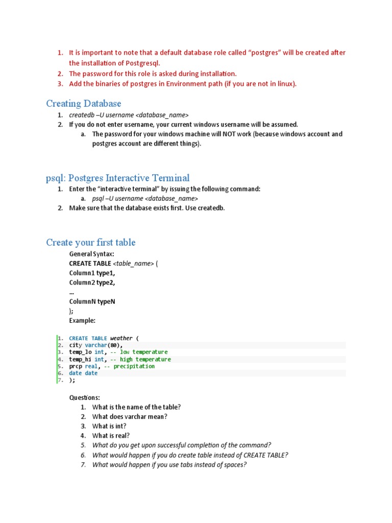 Creating Database: CREATE TABLE ( | PDF | Boolean Data Type | Postgre Sql