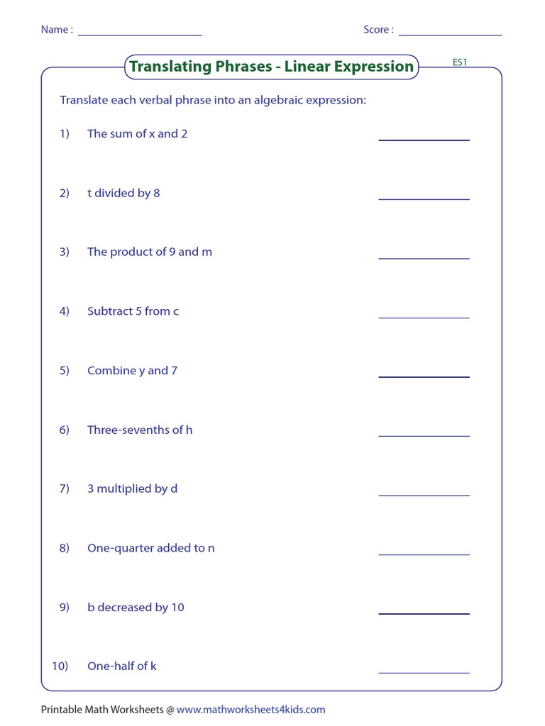Translating Phrases - Linear Expression: Name: Score | PDF | Teaching ...