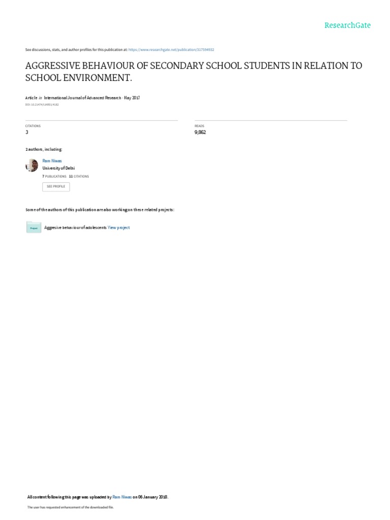 Ggressive Behaviour of Secondary School Students | PDF | Aggression ...
