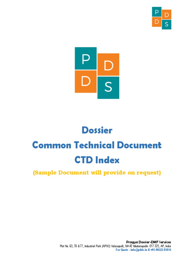 Dossier Common Technical Document CTD Index: (Sample Document Will ...