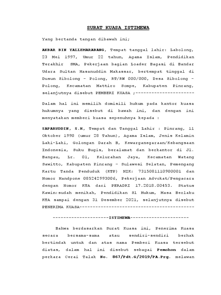 Surat Kuasa Istimewa Cerai Talak | PDF