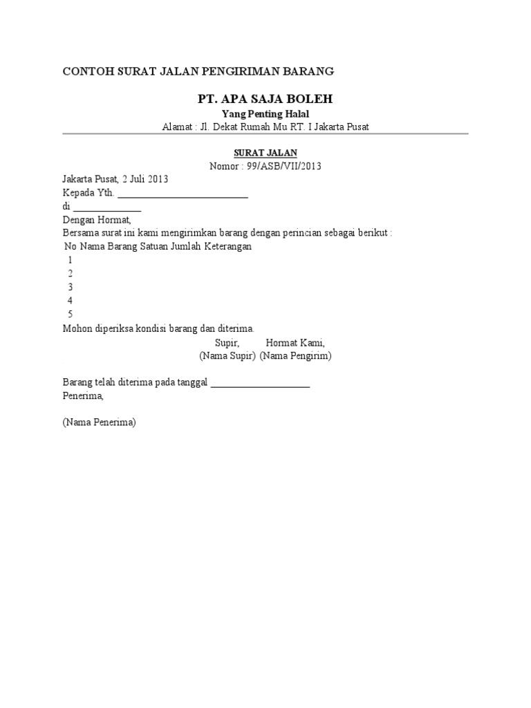 Contoh Surat Jalan Pengiriman Barang Pdf