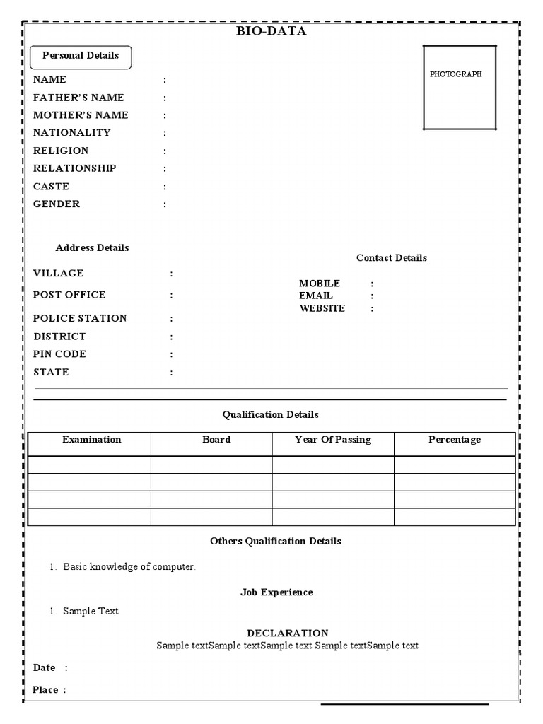 Bio-Data: 1. Basic Knowledge of Computer | PDF