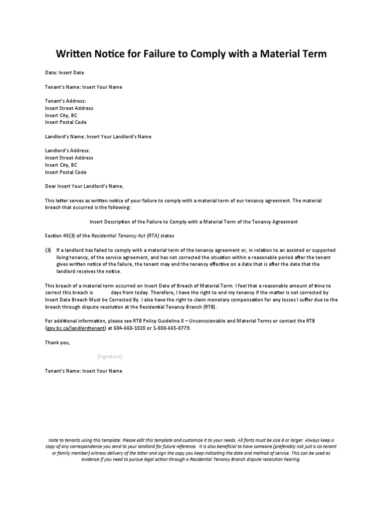 Written Notice For Failure To Comply With A Material Term: (Signature ...
