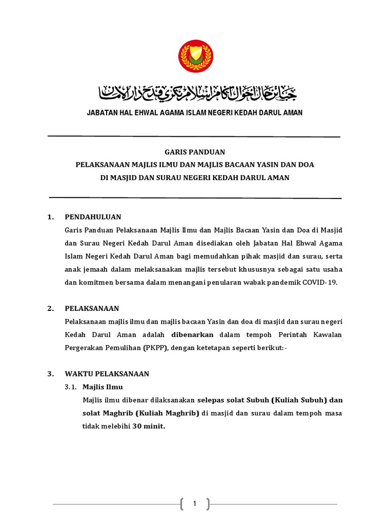 Garis Panduan Majlis Ilmu Dan Majlis Bacaan Yasin Dan Doa Di Masjid Dan Surau Negeri Kedah Darul Aman 1