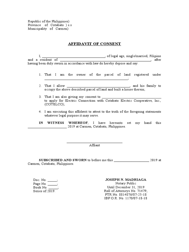 Affidavit of Consent: IN WITNESS WHEREOF, I Have Hereunto Set My Hand ...