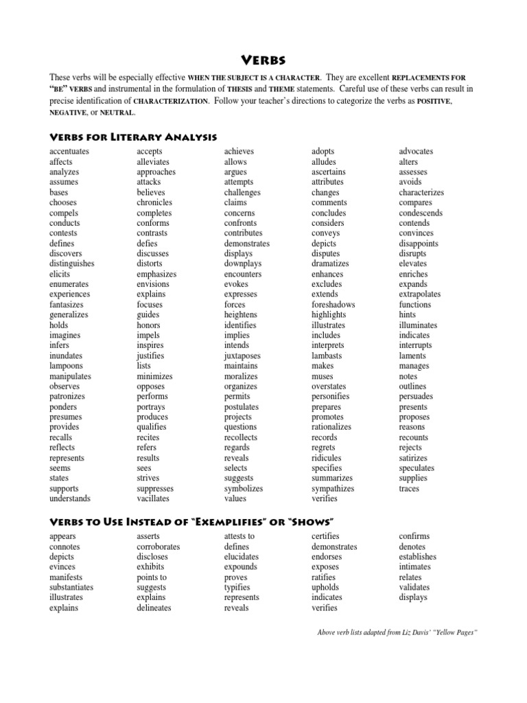 Verbs: Verbs For Literary Analysis | PDF