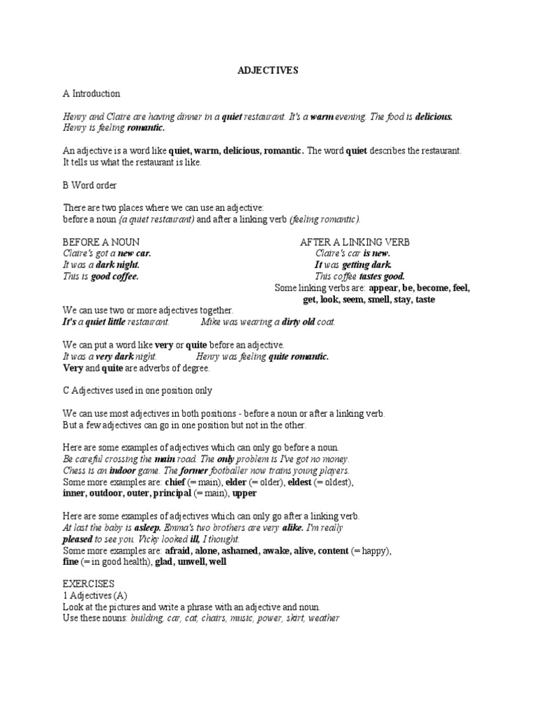 Adjectives It's A Quiet Little Restaurant. Mike Was Wearing A Dirty