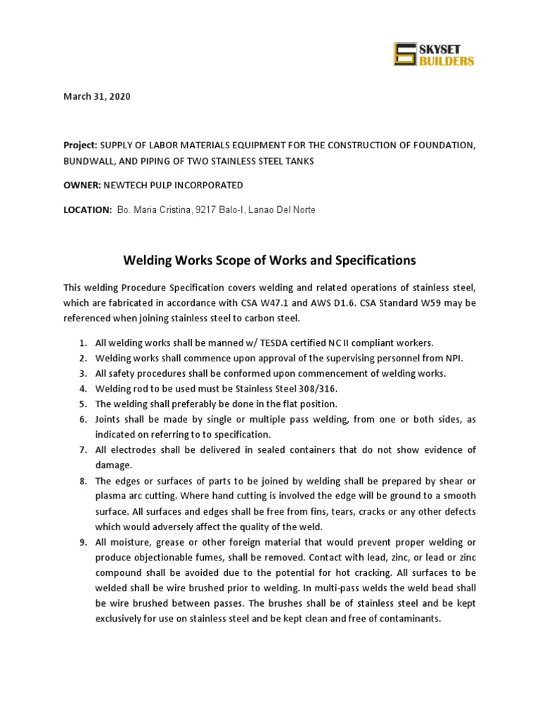 Welding Procedure Specification for Stainless Steel Tank Construction