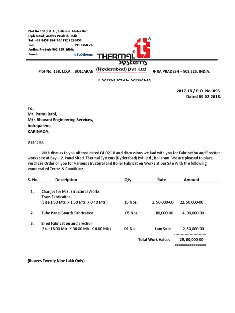 Purchase Order for Fabrication Works | PDF | Pipe (Fluid Conveyance ...