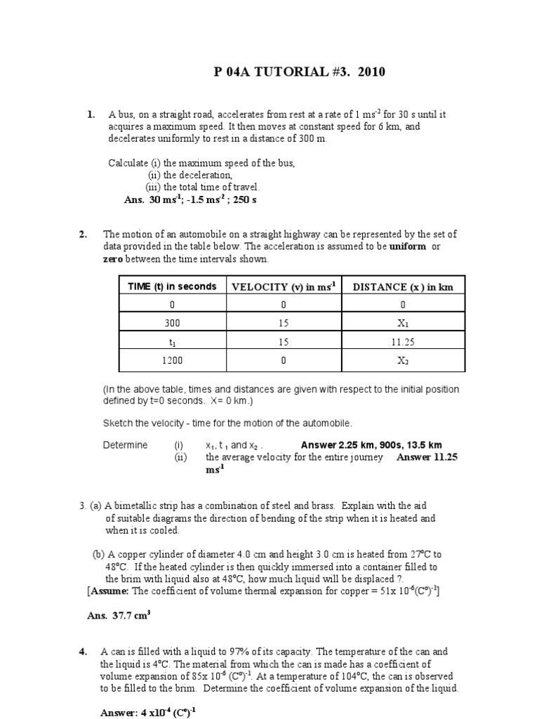 P 04A Tutorial 3 2010 | PDF | Acceleration | Thermal Expansion