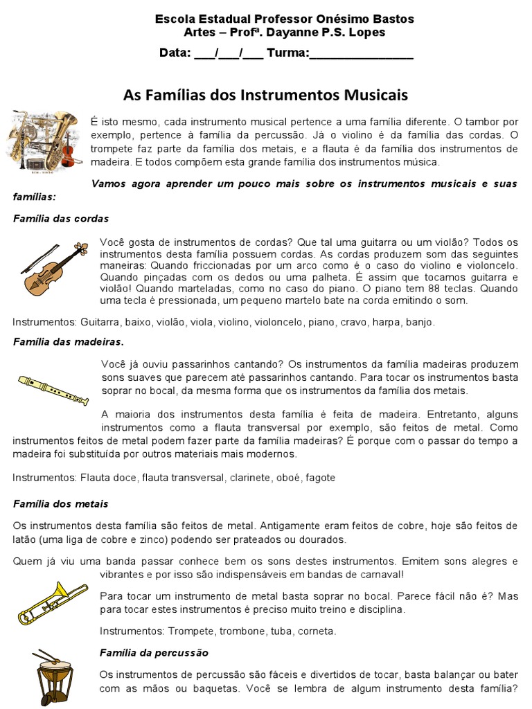 As Famílias dos Instrumentos Musicais | PDF | Instrumentos de corda ...