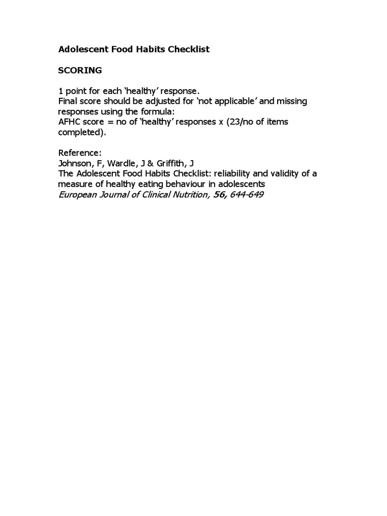 Assessing Healthy Eating Habits in Adolescents: The Adolescent Food ...