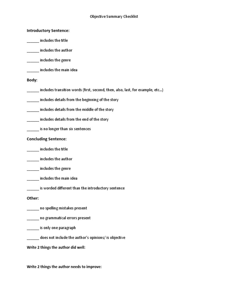 Objective Summary Checklist | PDF