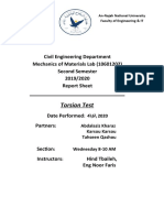 Torsion Test: Civil Engineering Department Mechanics of Materials Lab (10601202) Second Semester 2019/2020 Report Sheet