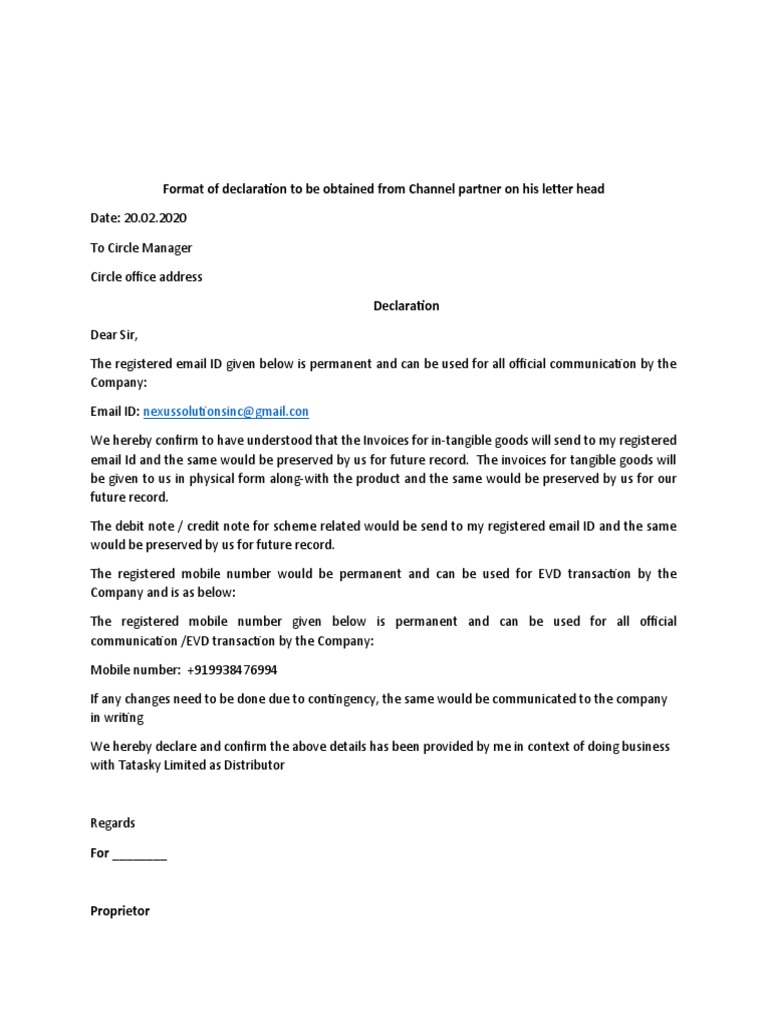 Format of Declaration For Email ID and Mobile Number | PDF
