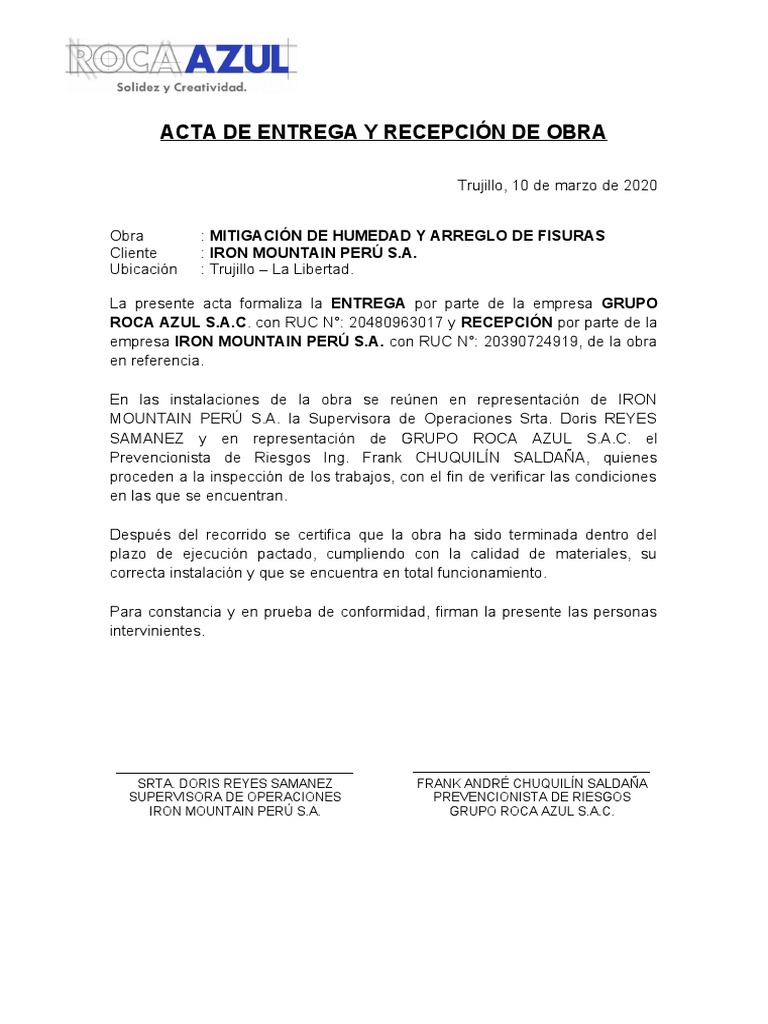 Acta de Entrega y Recepción de Obra | PDF