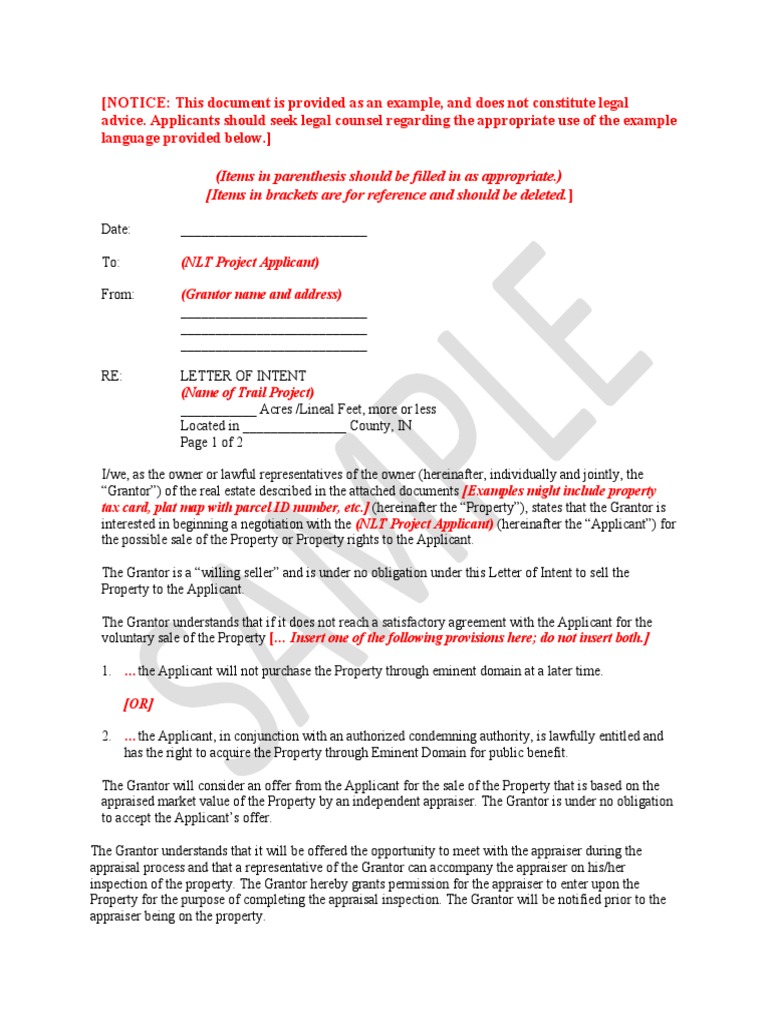 Sample Letter of Intent To Sell Property PDF Conveyancing Real