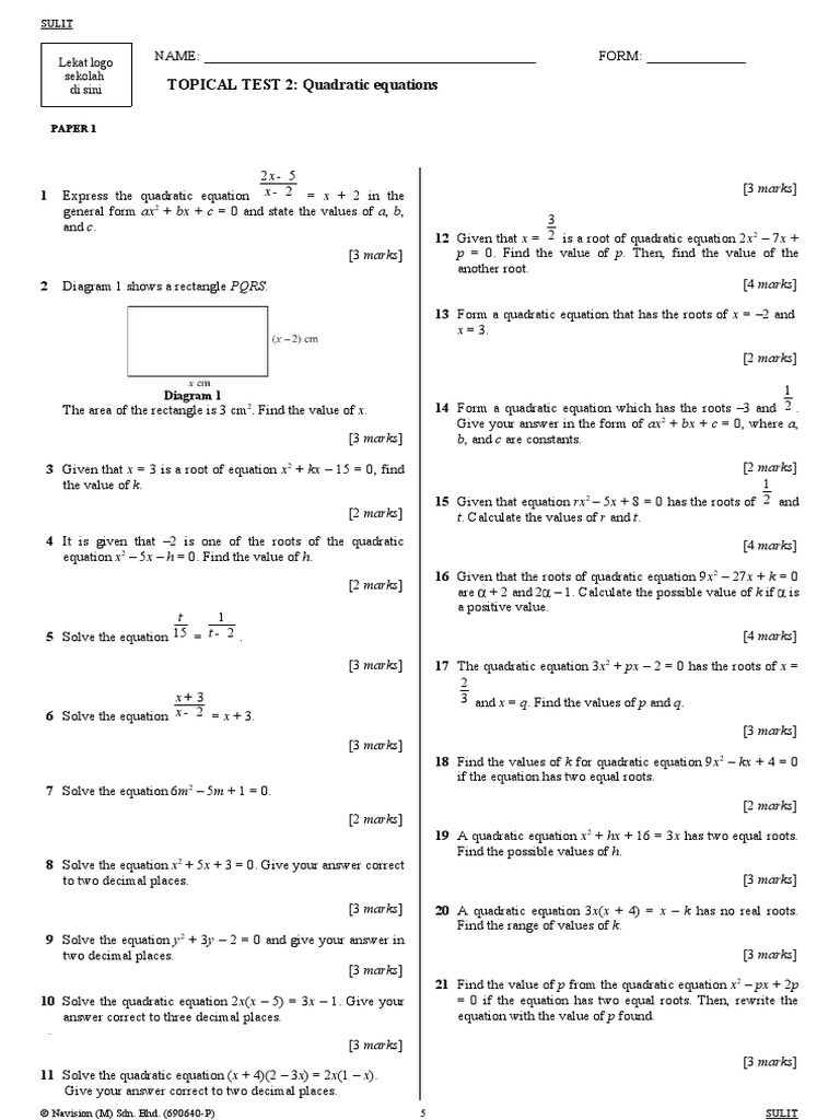 Add Maths F4 Topical Test 2 E Pdf Quadratic Equation Mathematical Analysis