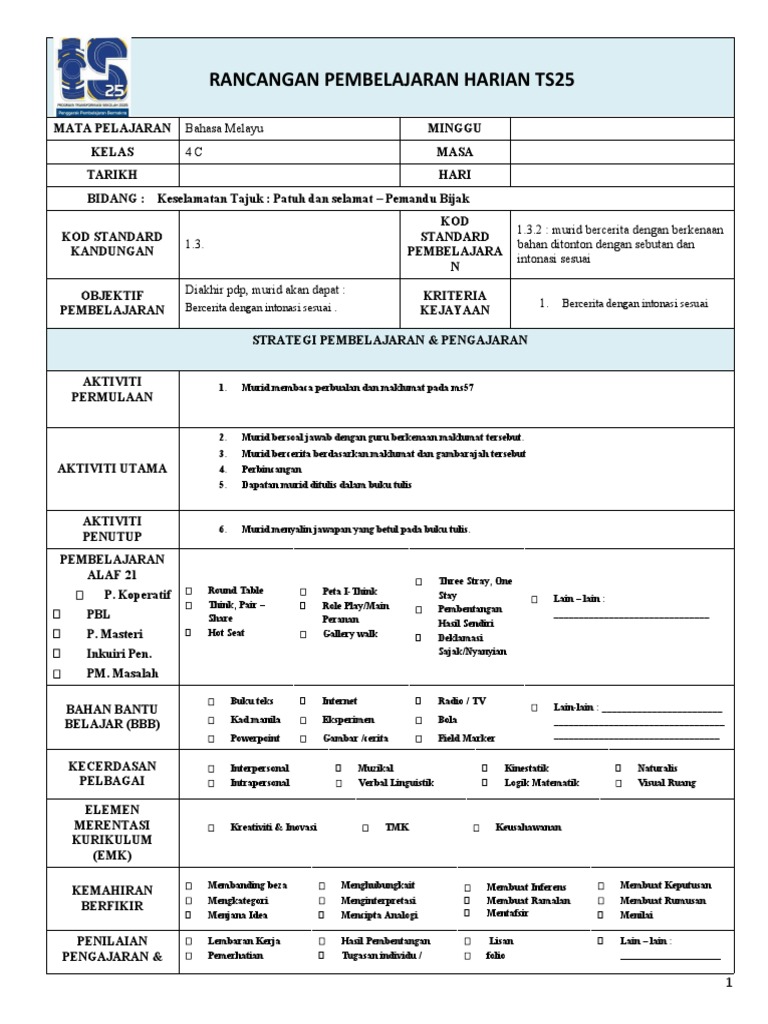 RPH BM Tahun 4 KSSR Semakan Unit 9 Patuh Dan Selamat  PDF