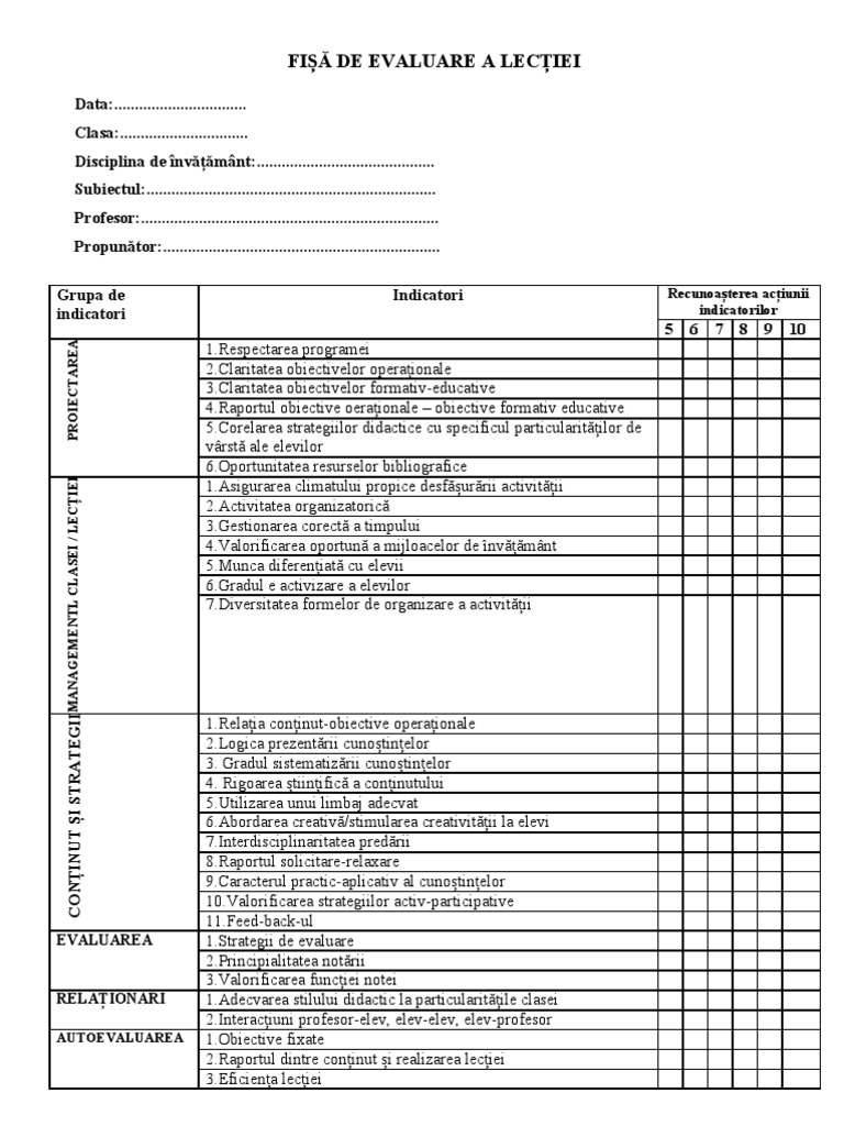 Fisa De Evaluare A Lectiei
