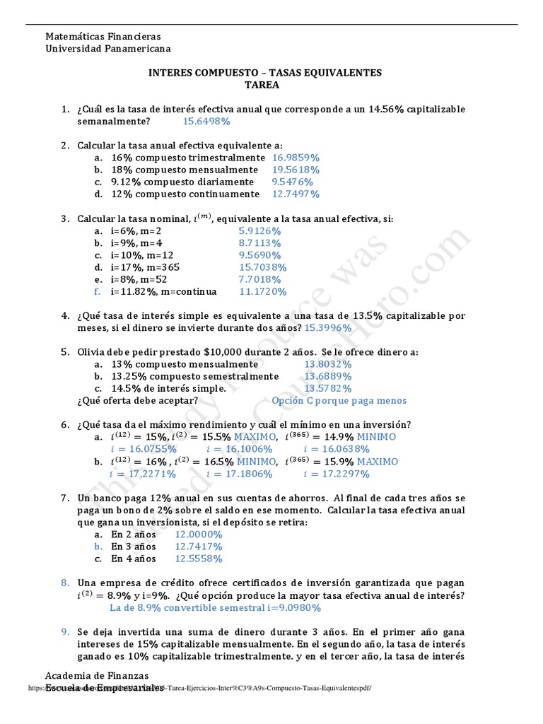 Ejercicios de Tasas Equivalentes Resueltos | PDF | Interés | Finanzas ...