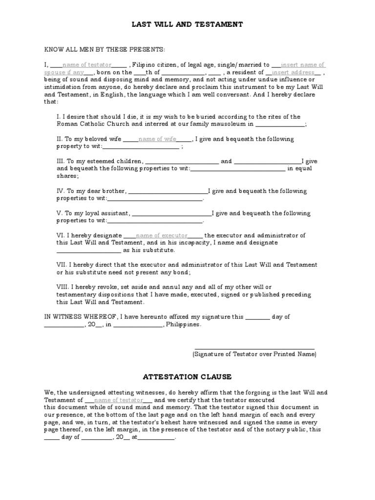 LAST WILL AND TESTAMENT Template | PDF | Will And Testament | Legal ...