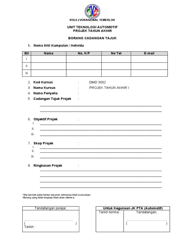 Borang Cadangan Tajuk Projek Tahun Akhir (PTA) | PDF