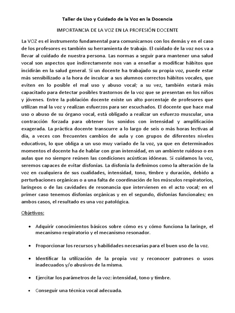 Taller de Uso y Cuidado de La Voz | PDF | Artes del Lenguaje y ...