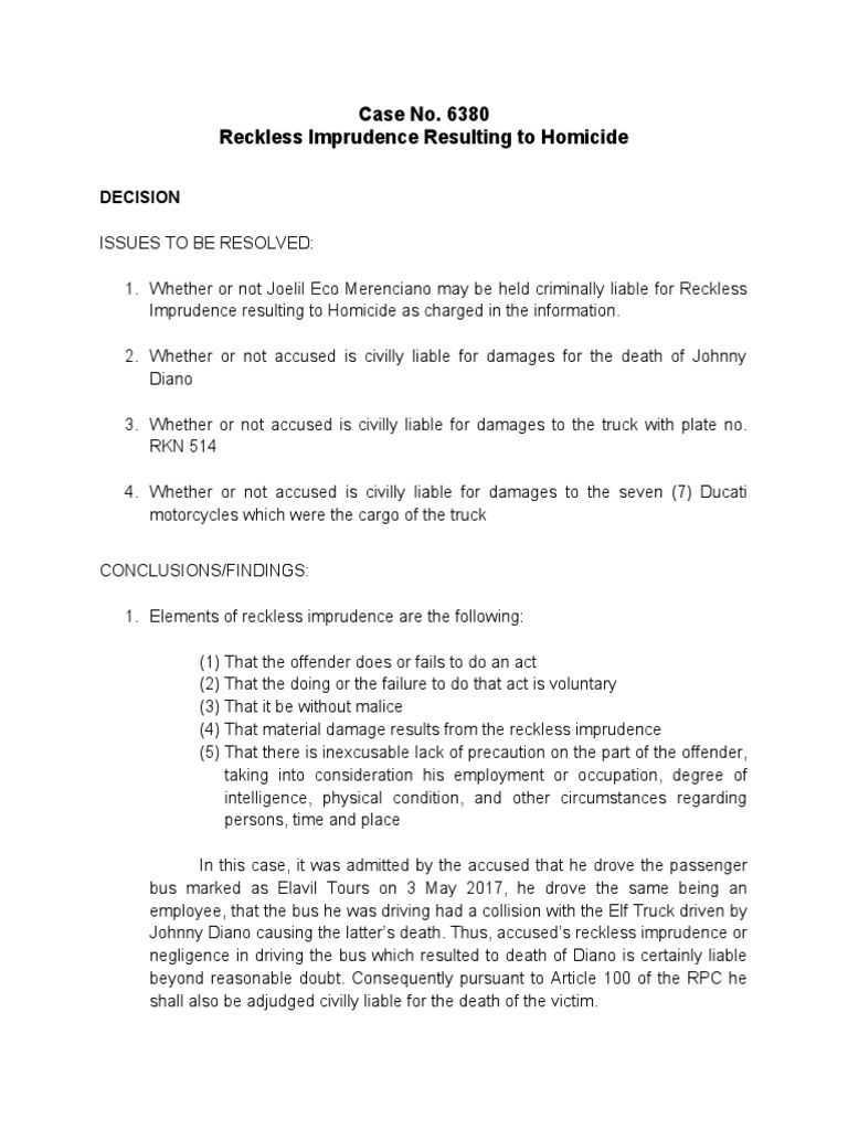 Case No. 6380 Reckless Imprudence Resulting To Homicide: Decision | PDF ...
