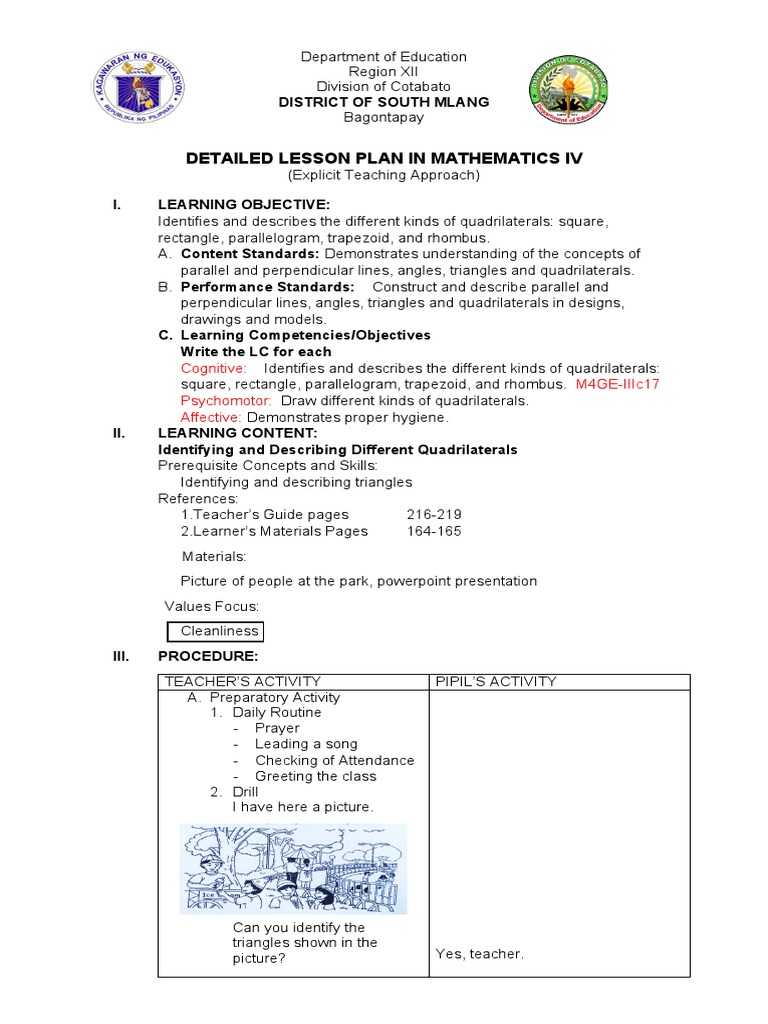 Detailed Lesson Plan in Mathematics IV 2020 | PDF | Rectangle | Triangle
