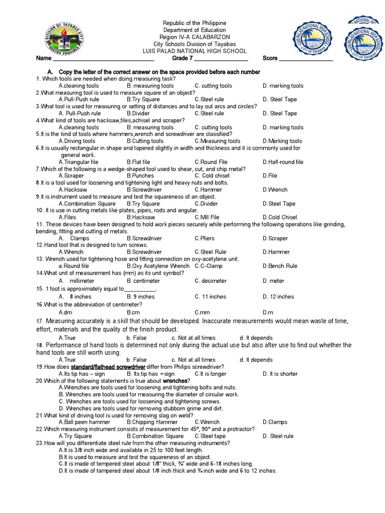 SMAW Measuring Tools Assessment | PDF | Screw | Metalworking