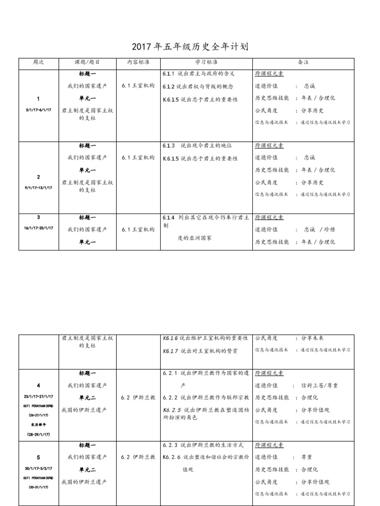 17年五年级历史全年计划