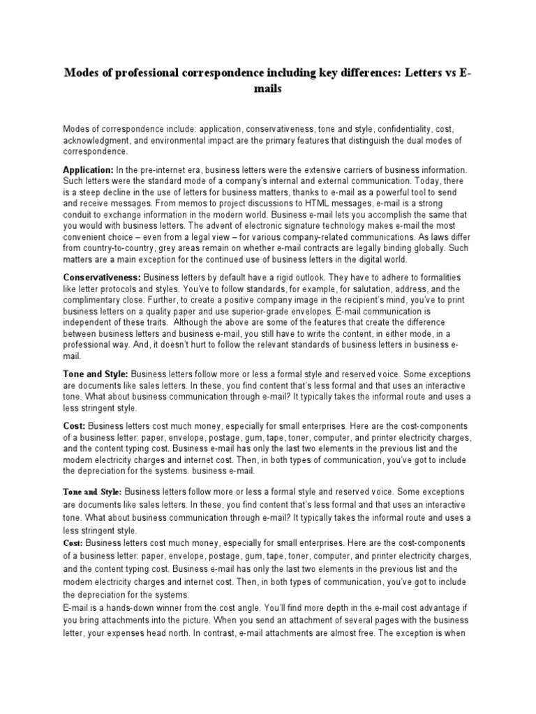Modes of Correspondence, Email Vs Letter | PDF | Media Technology ...