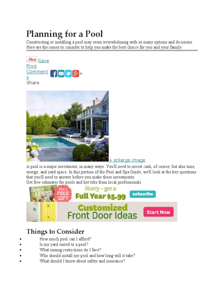 Planning For A Pool: Things To Consider | PDF | Swimming Pool | Insurance