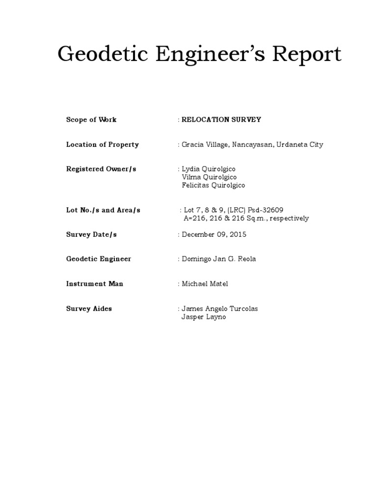 Gracia Village Relocation Survey Report | PDF | Surveying | Geodesy