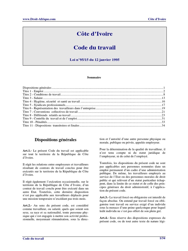 RCI Code 1995 Du Travail PDF | PDF | Statuts | Congé annuel