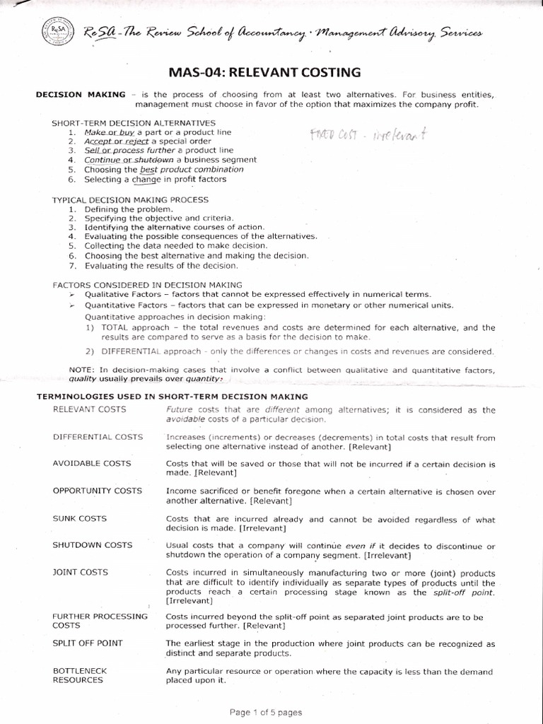 Relevant Costing in Decision Making | PDF | Management Accounting ...