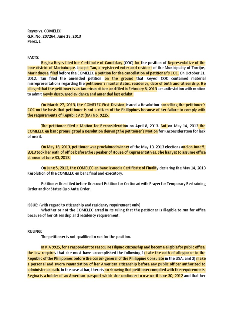 Reyes vs comelec g r no 207264 june 25 2013 perez j pdf