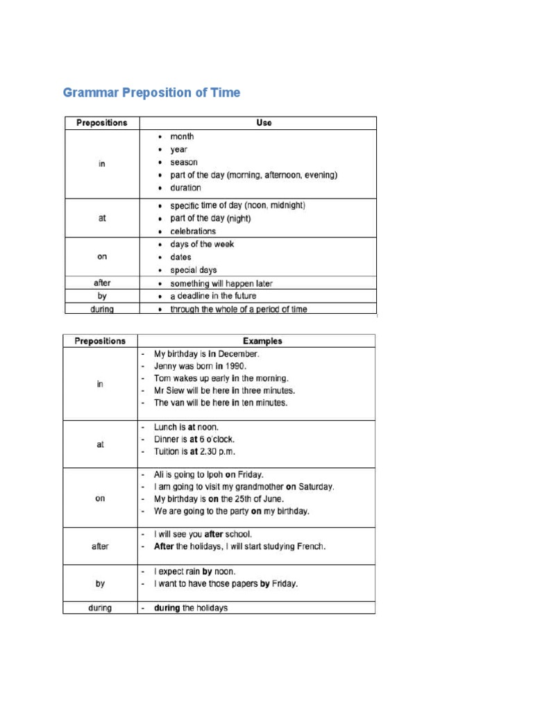 Grammar Preposition of Time | PDF