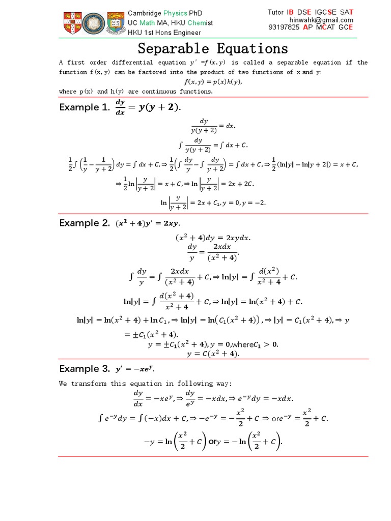 Separable Equations Example 1 PDF Ordinary Differential Equation