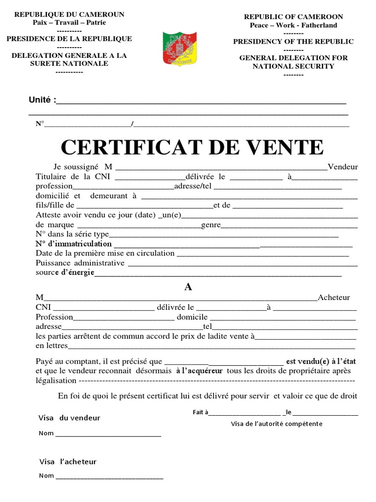 certificat de vente Affaires