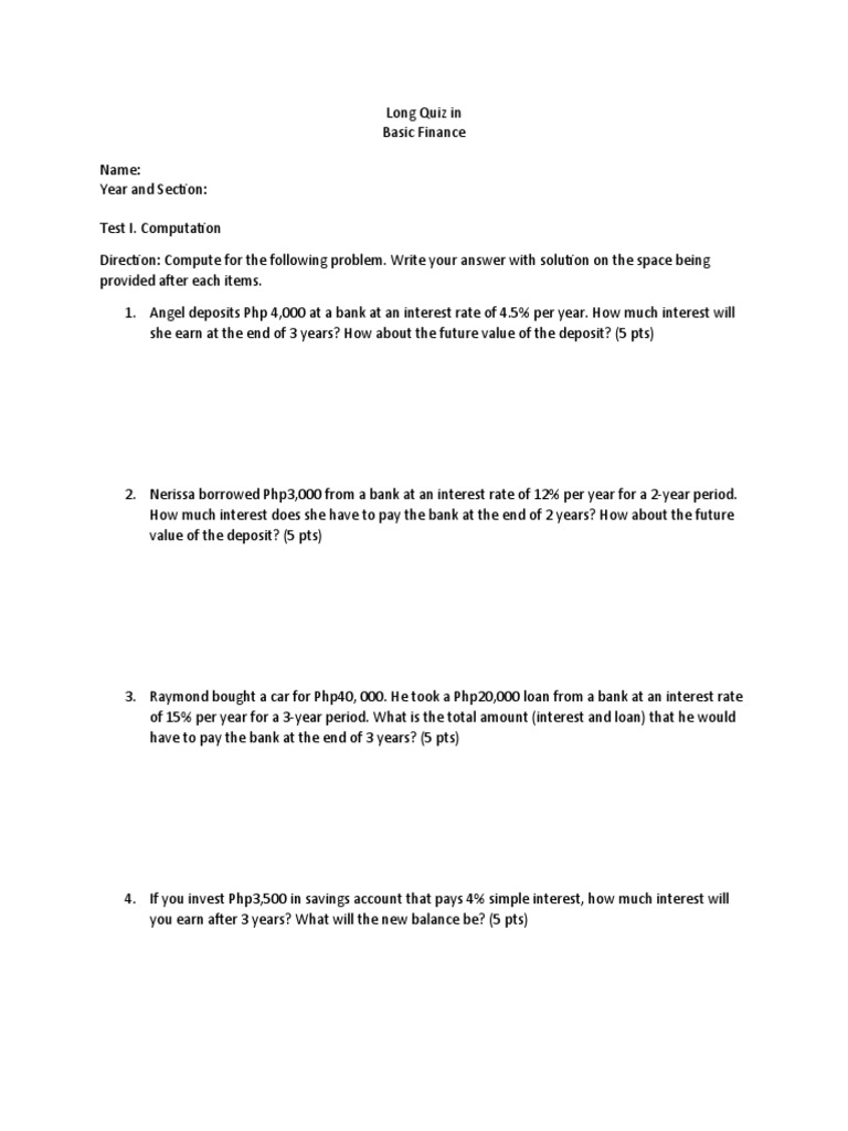 Basic Finance Long Quiz: Computation Problems | PDF | Interest Rates ...