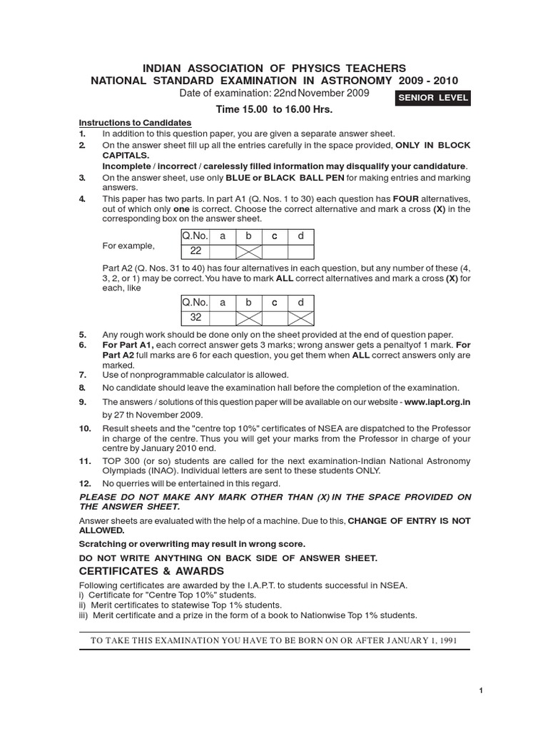 NSEA Senior Question Paper 2009 10 PDF | PDF | Career & Growth ...