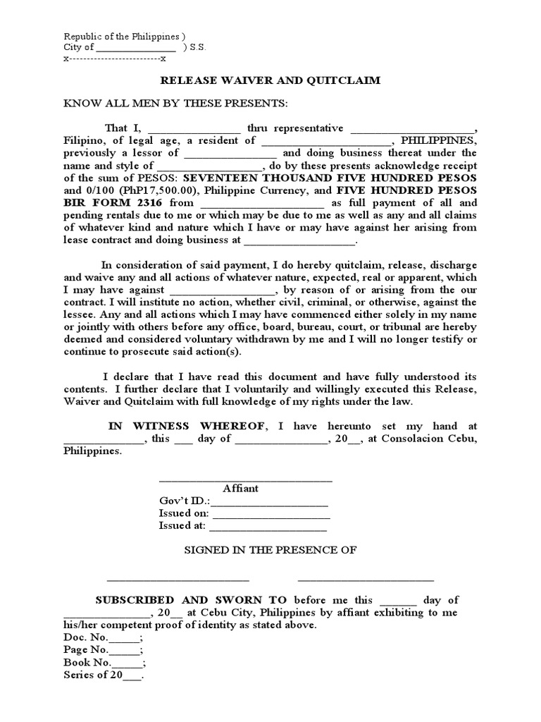 quitclaim assignment of lease