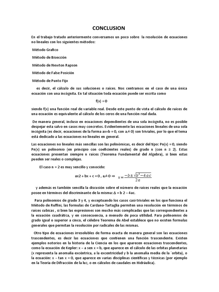 Conclusiones sobre ecuaciones no lineales | PDF | Ecuaciones ...