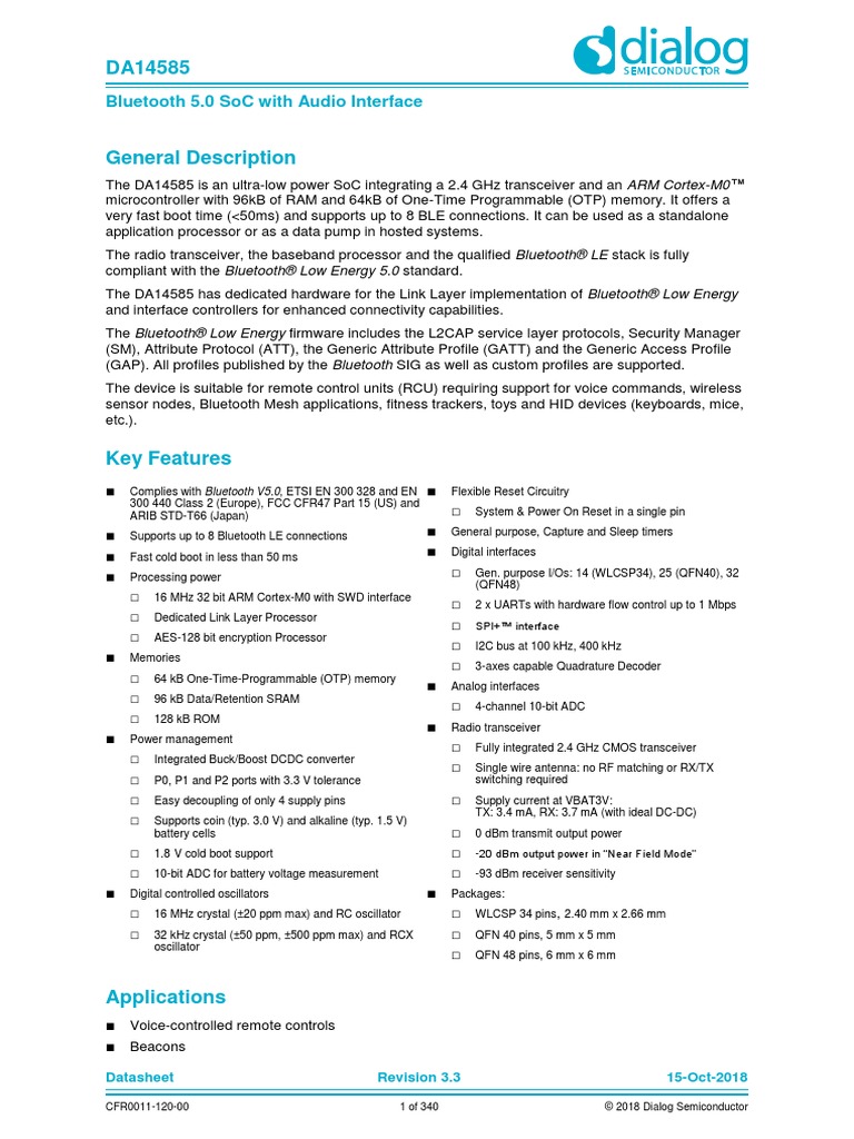 Da14585 Datasheet 3v3 | PDF | Bluetooth | Analog To Digital Converter