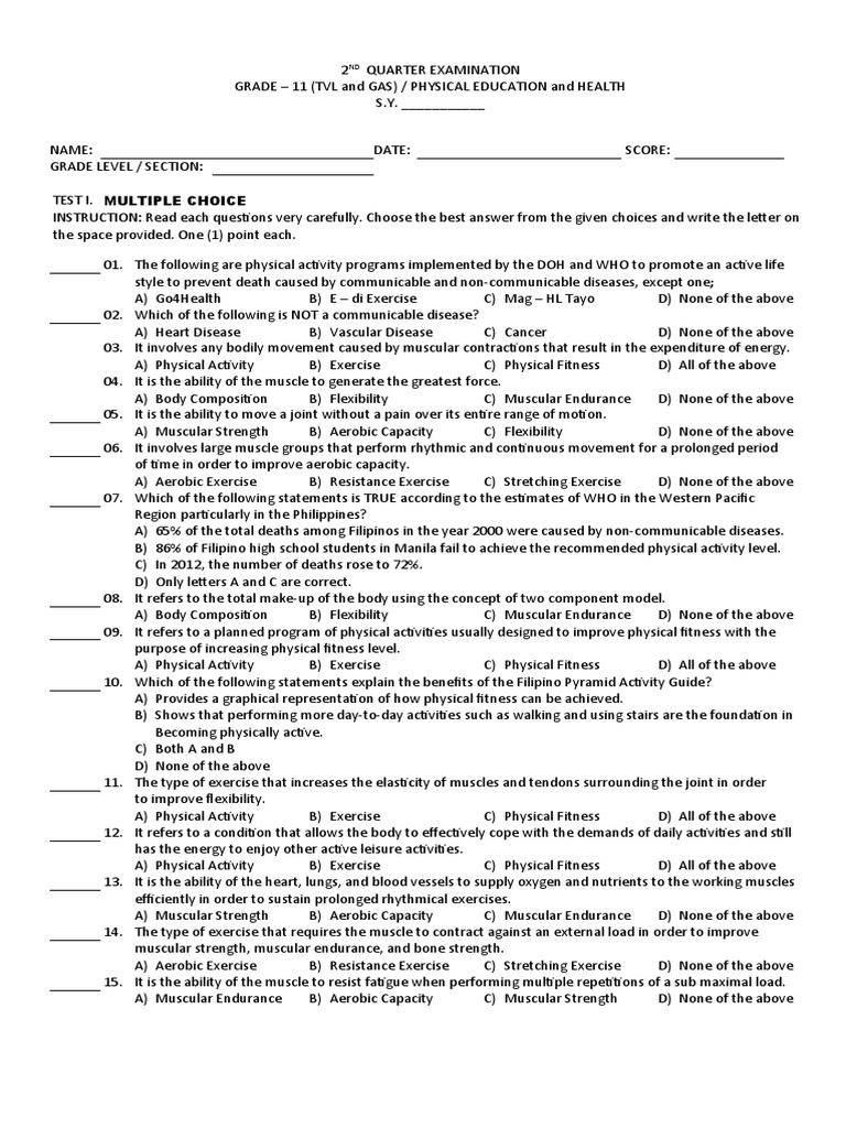 2nd Shs Exam In Pe And Health 11 Midterm Exam Sy 2017 2018 Answer Sheet